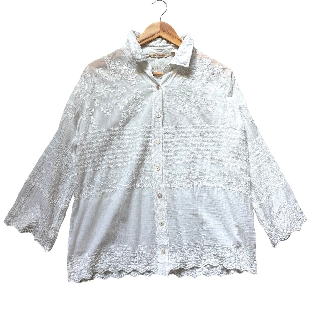 Soft Surroundings Embroidered Lace Button Up Shirt Size M White Relaxed Fit